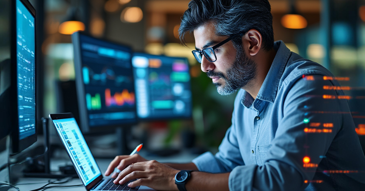 Man working on a laptop in a technical environment